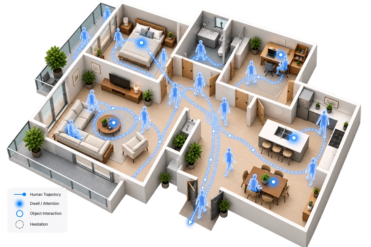 Isometric apartment with many human trajectories, dwell points, object interactions and hesitations in blue