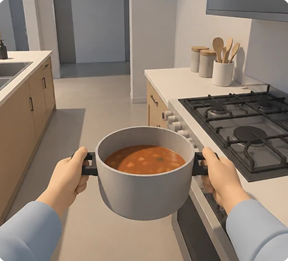 First-person view: hands holding a pot of soup in a simulated kitchen