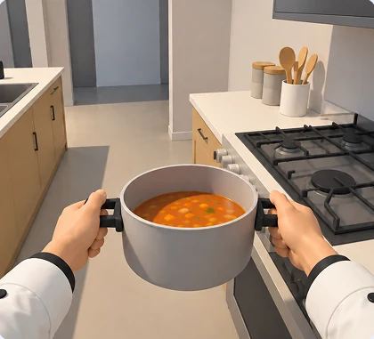 First-person view: a chef's hands holding a pot of soup in the simulated kitchen