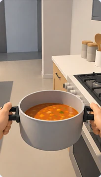 Simulated kitchen, hands holding a pot