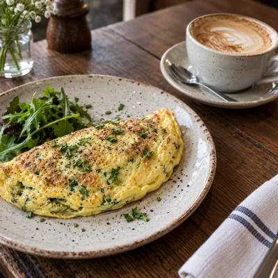 Omelette with salad and a coffee