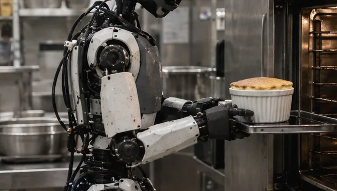 A humanoid robot taking a soufflé out of an oven