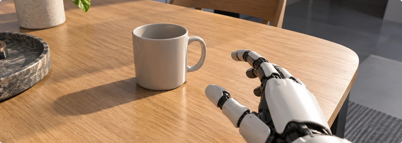 A robot hand reaching for a mug on a wooden table, rendered in the VLGE engine