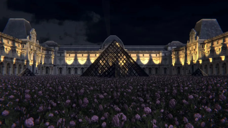 The Louvre pyramid at night, rebuilt digitally
