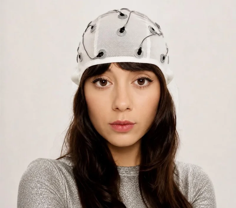 A person wearing a sensor cap